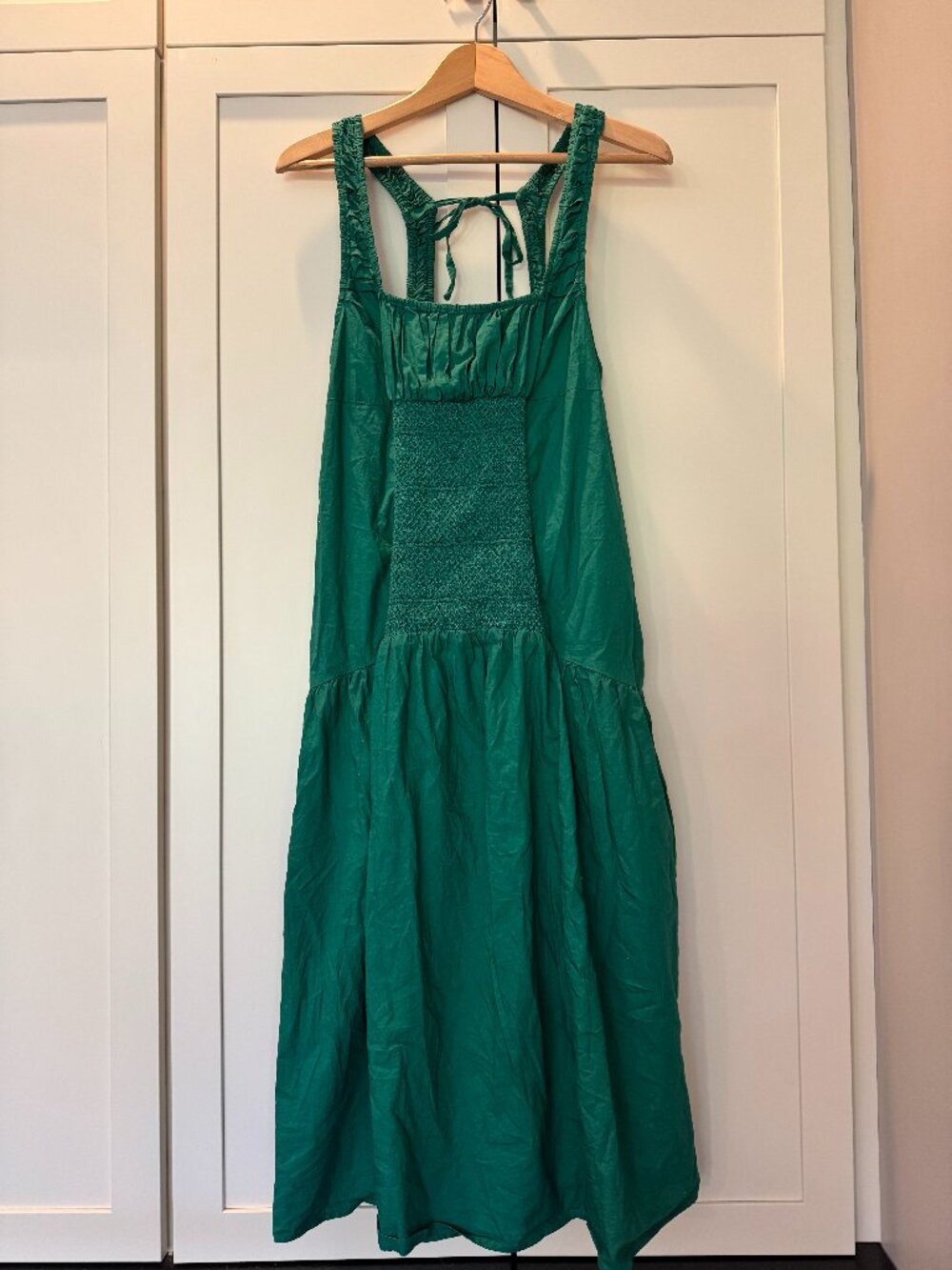 Celandine Anthropologie Green Smocked Tie-Back Midi Dress Sz S